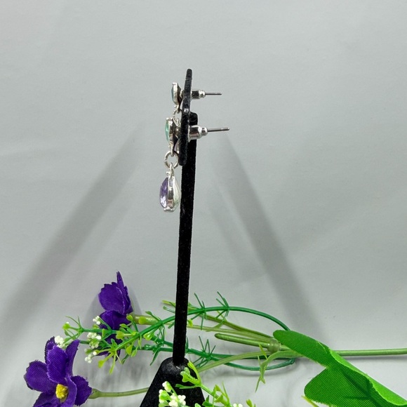 Silver Drop Earrings with Purple and Teal Crystal Gemstones - Picture 4 of 6